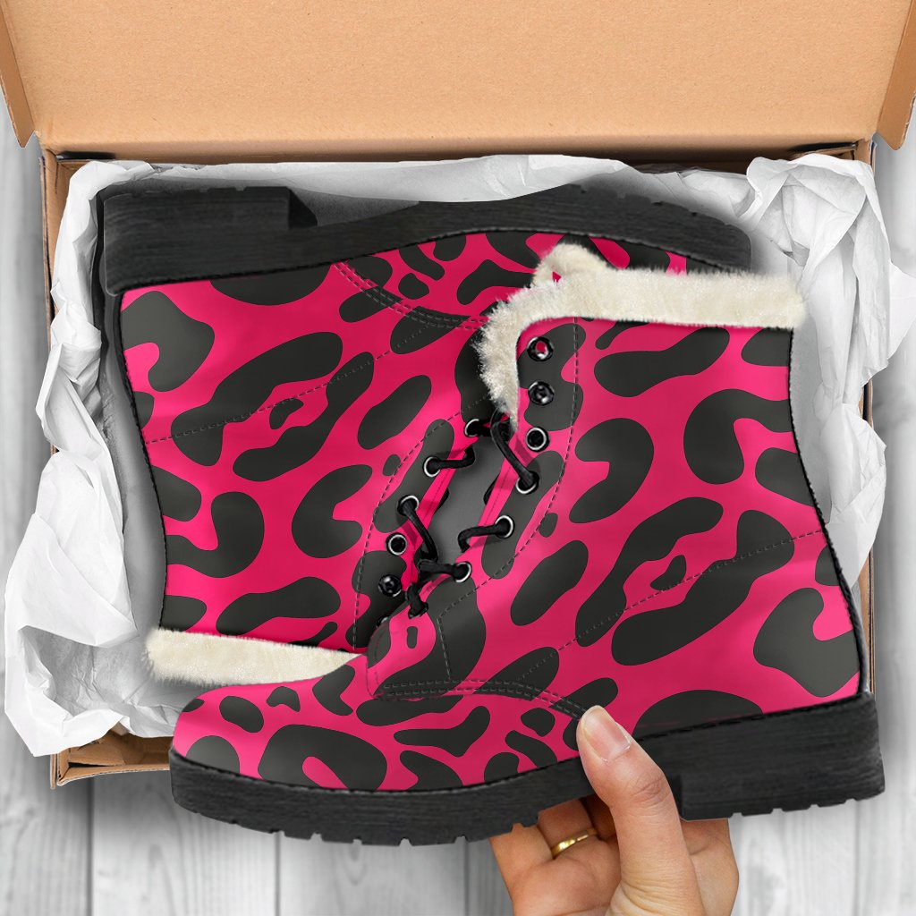 Cheetah Pink Print Pattern Faux Fur Leather Boots-JTAMIGO.COM