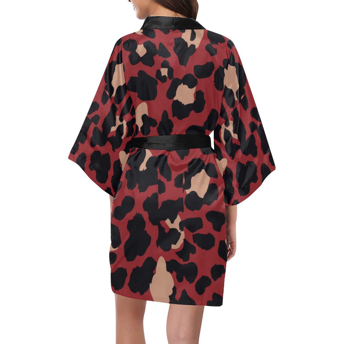 Cheetah Red Print Pattern Women Short Kimono Robe