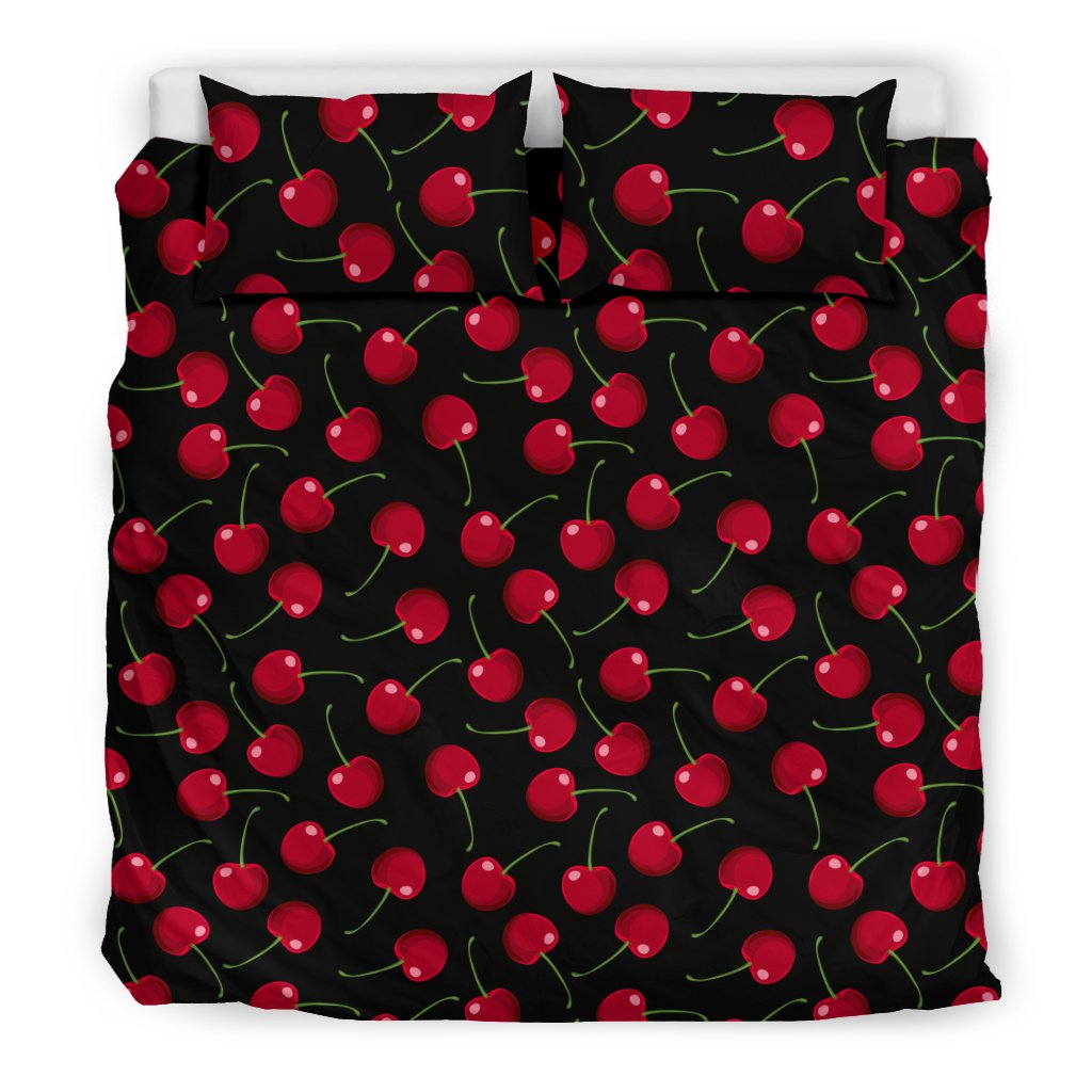 Cherry Black Background Duvet Cover Bedding Set