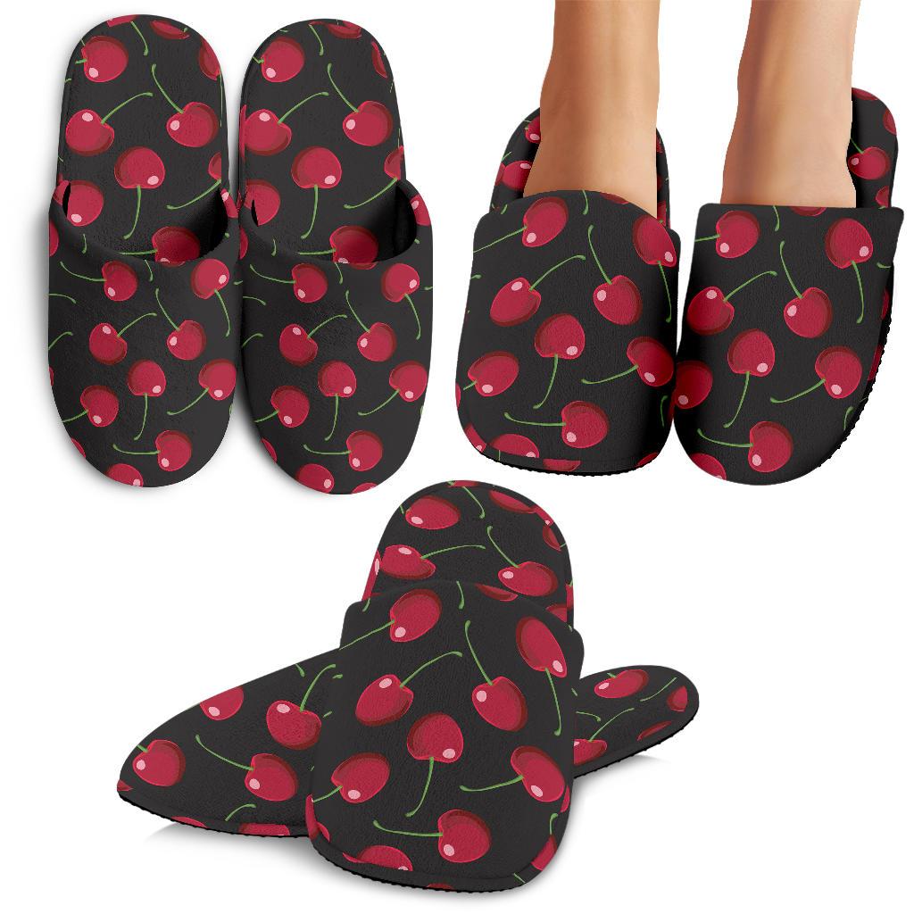 Cherry Black Background House Slippers
