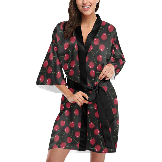 Cherry Black Background Women Short Kimono Robe