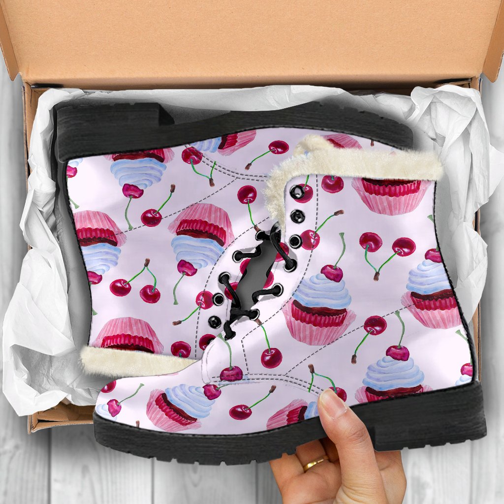 Cherry Cupcake Pink Pattern Faux Fur Leather Boots-JTAMIGO.COM