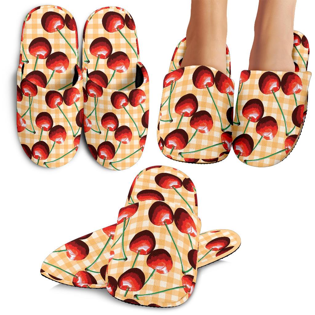 Cherry Orange Plaid Print House Slippers