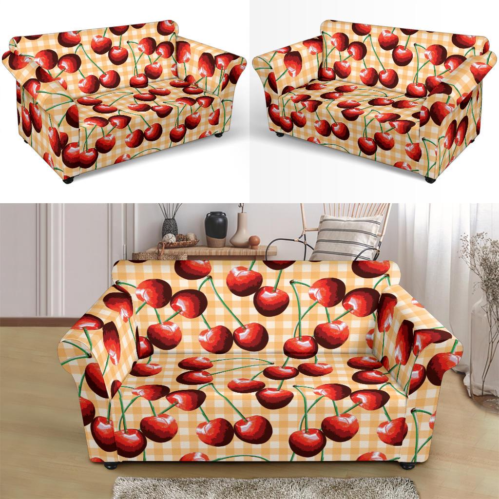 Cherry Orange Plaid Print Loveseat Slipcover-JTAMIGO.COM