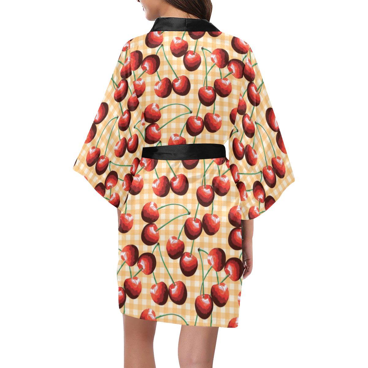 Cherry Orange Plaid Print Women Short Kimono Robe