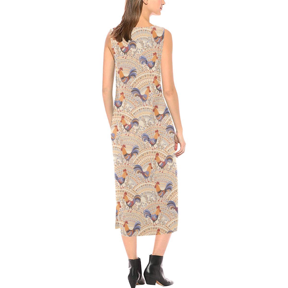 Chicken Boho Style Pattern Sleeveless Open Fork Long Dress (Model D08)-JTAMIGO.COM