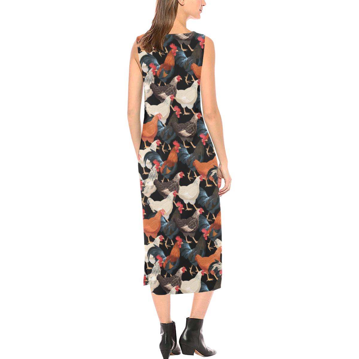 Chicken Print Pattern Sleeveless Open Fork Long Dress (Model D08)-JTAMIGO.COM