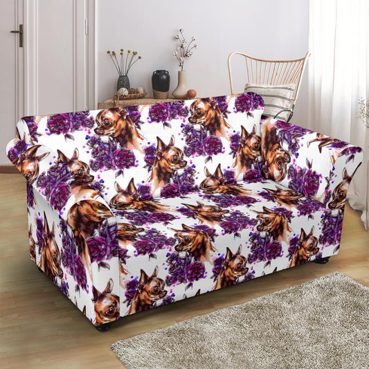 Chihuahua Purple Floral Loveseat Slipcover-JTAMIGO.COM