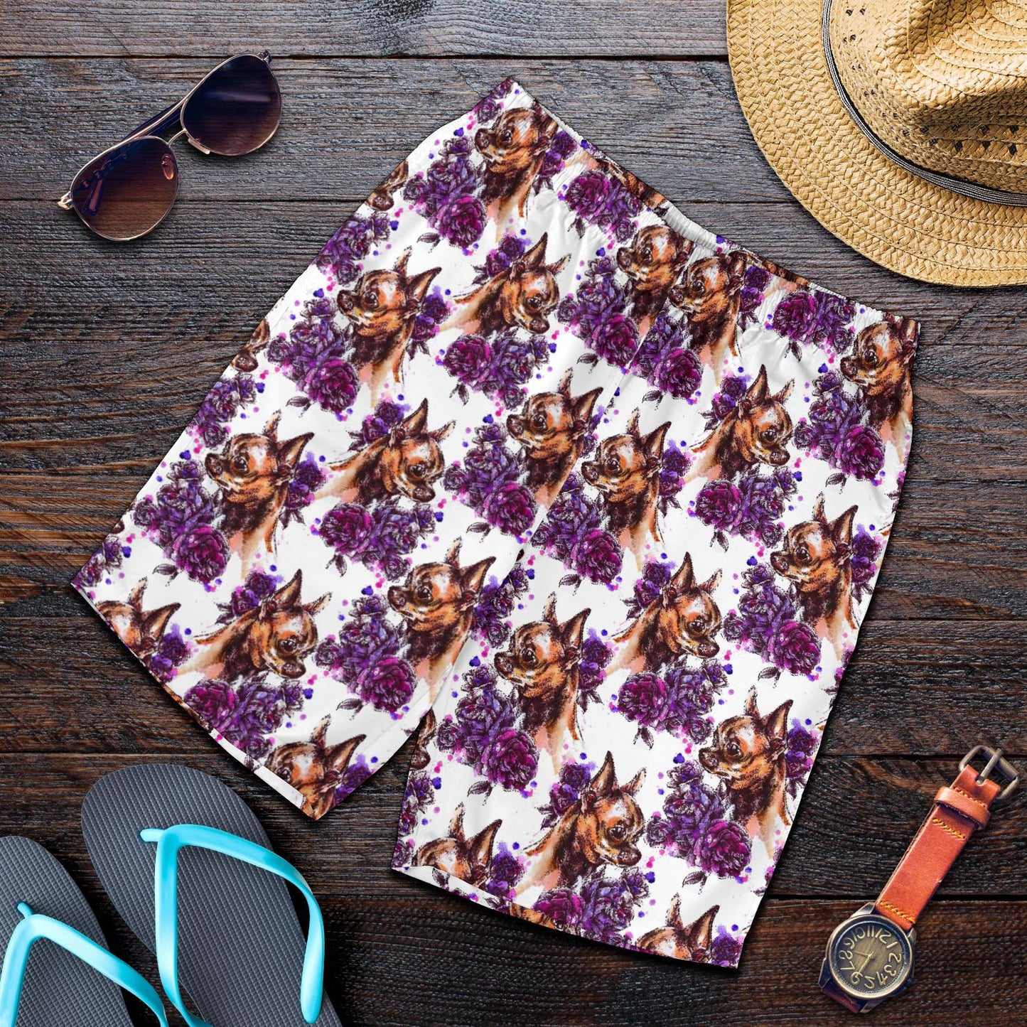 Chihuahua Purple Floral Mens Shorts-JTAMIGO.COM