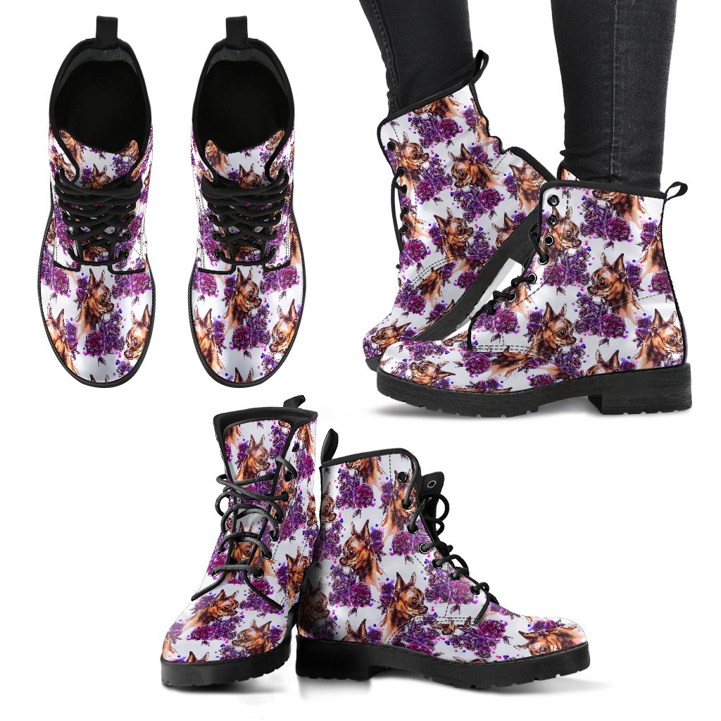 Chihuahua Purple Floral Women Leather Boots-JTAMIGO.COM