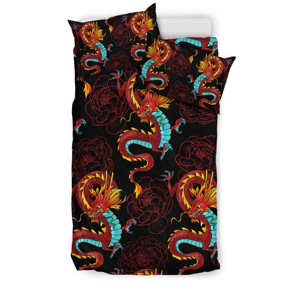 Chinese Dragons And Peonies Design Duvet Cover Bedding Set
