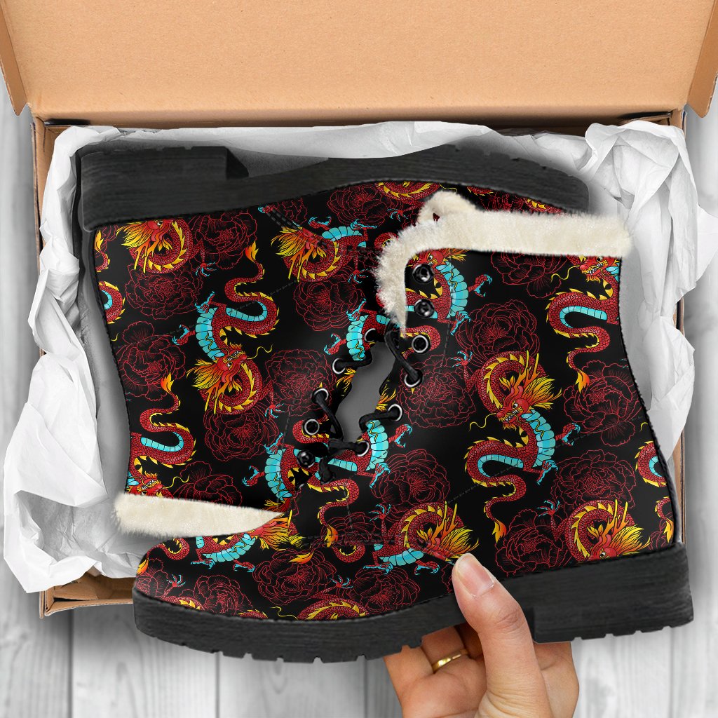 Chinese Dragons and Peonies Design Faux Fur Leather Boots-JTAMIGO.COM