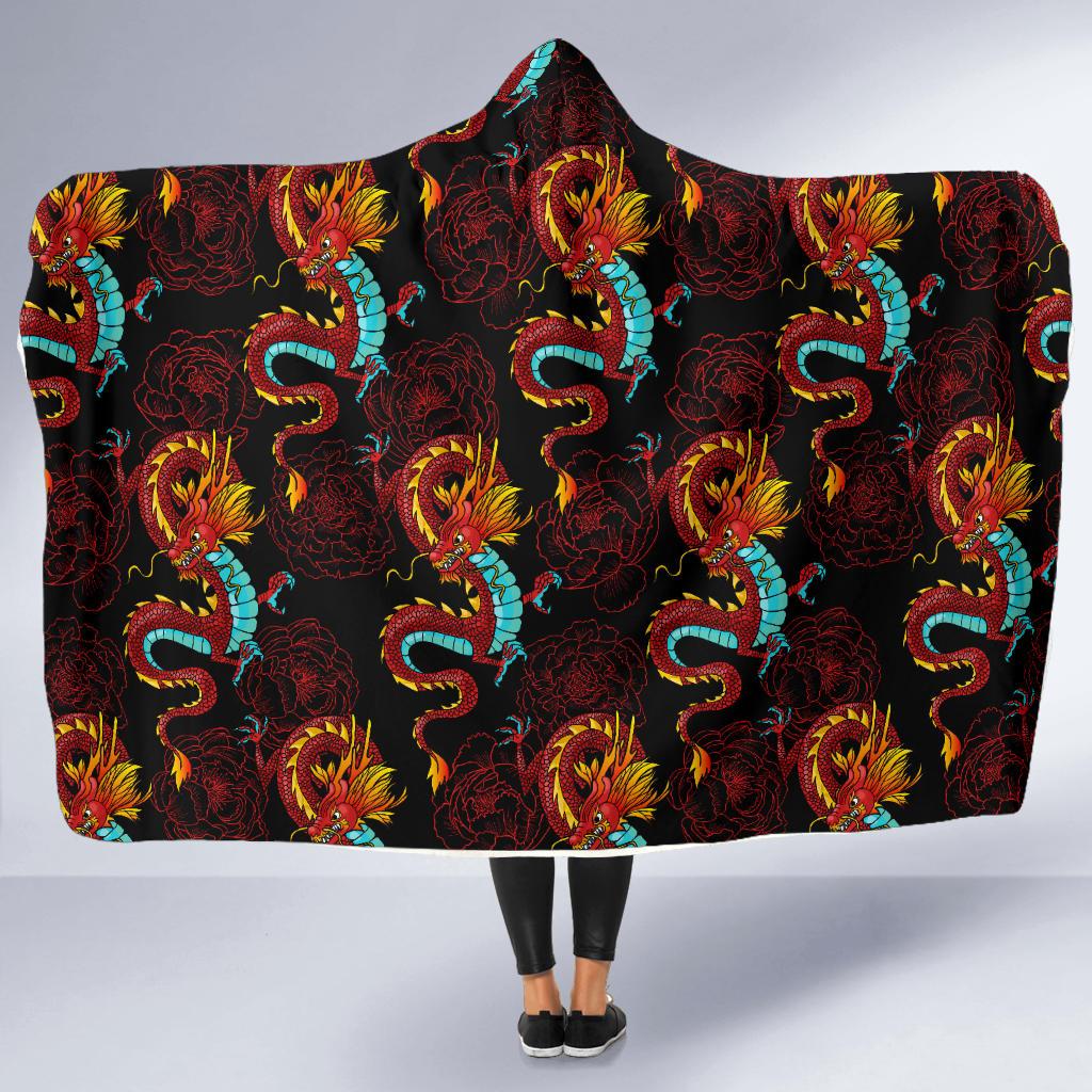 Chinese Dragons and Peonies Design Hooded Blanket-JTAMIGO.COM