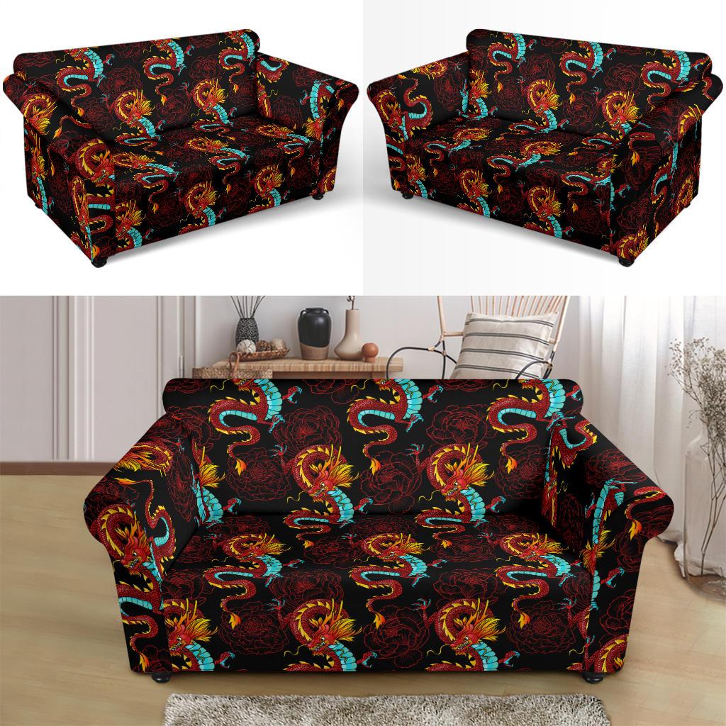 Chinese Dragons and Peonies Design Loveseat Slipcover-JTAMIGO.COM