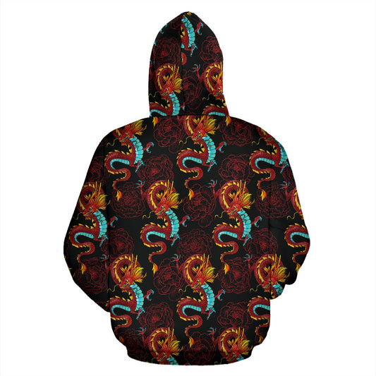 Chinese Dragons and Peonies Design Pullover Hoodie
