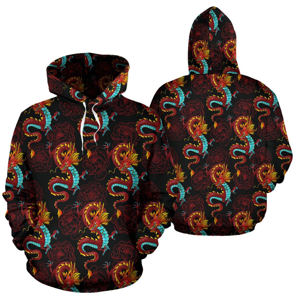 Chinese Dragons and Peonies Design Pullover Hoodie