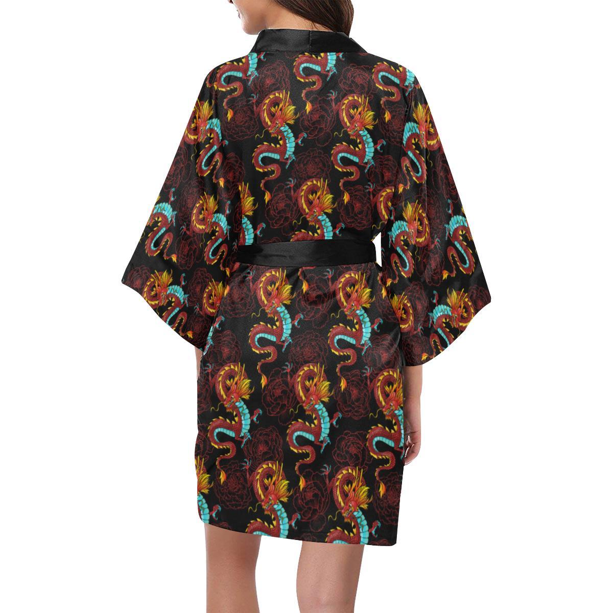 Chinese Dragons and Peonies Design Women Short Kimono Robe
