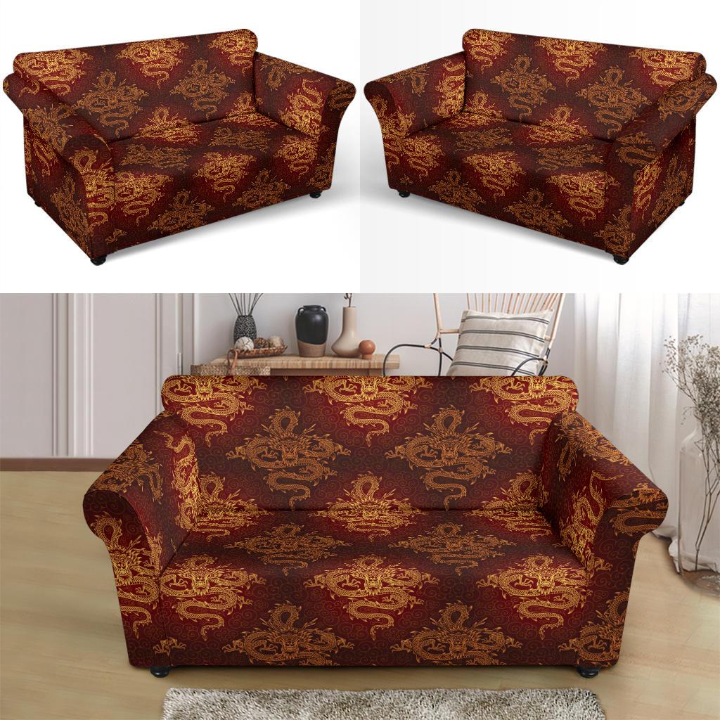 Chinese Dragons Gold Design Loveseat Slipcover-JTAMIGO.COM