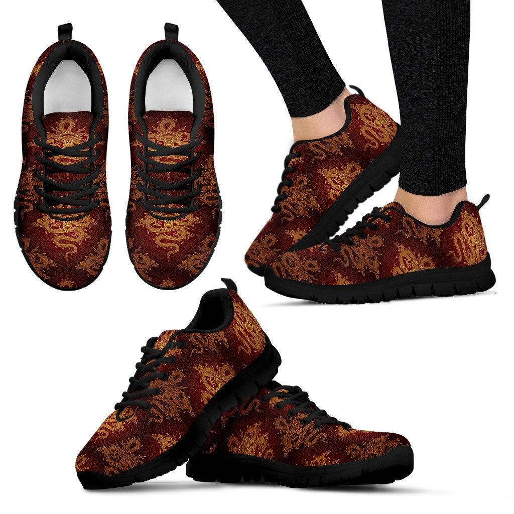 Chinese Dragons Gold Design Women Sneakers Shoes