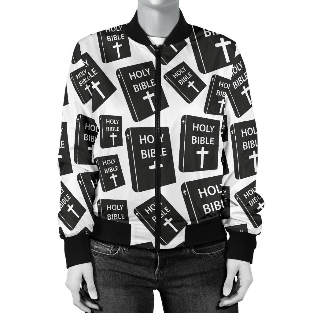 Christian Holy Bible Book Pattern Women Casual Bomber Jacket