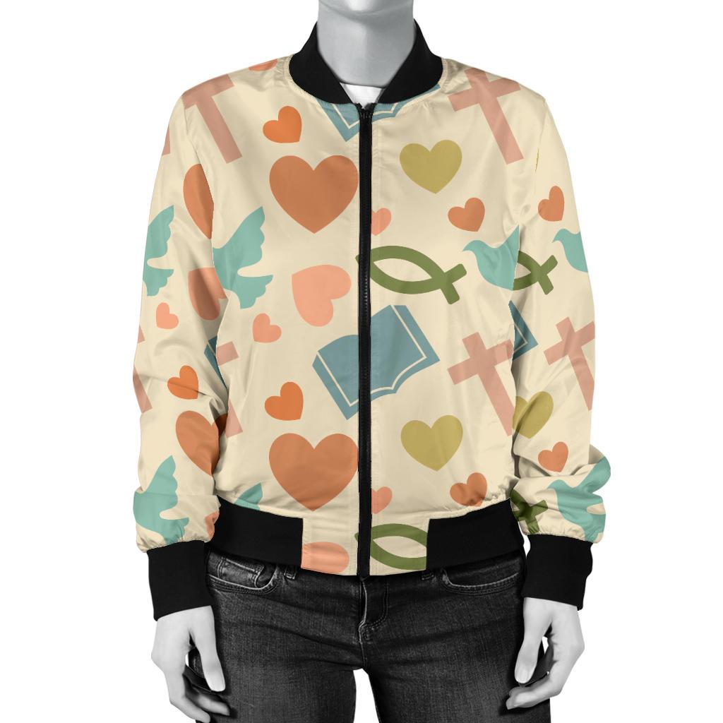 Christian Symbol Pattern Women Casual Bomber Jacket