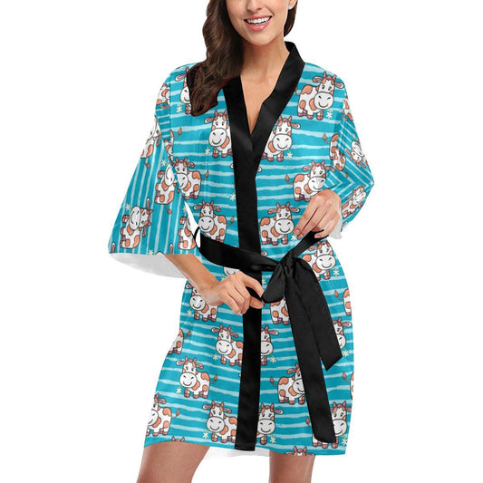Cow Cute Print Pattern Women Short Kimono Robe