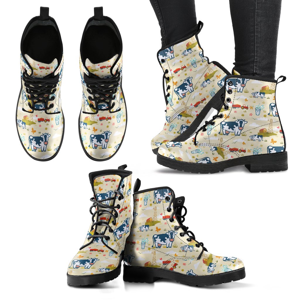 Cow Farm Design Print Women Leather Boots-JTAMIGO.COM