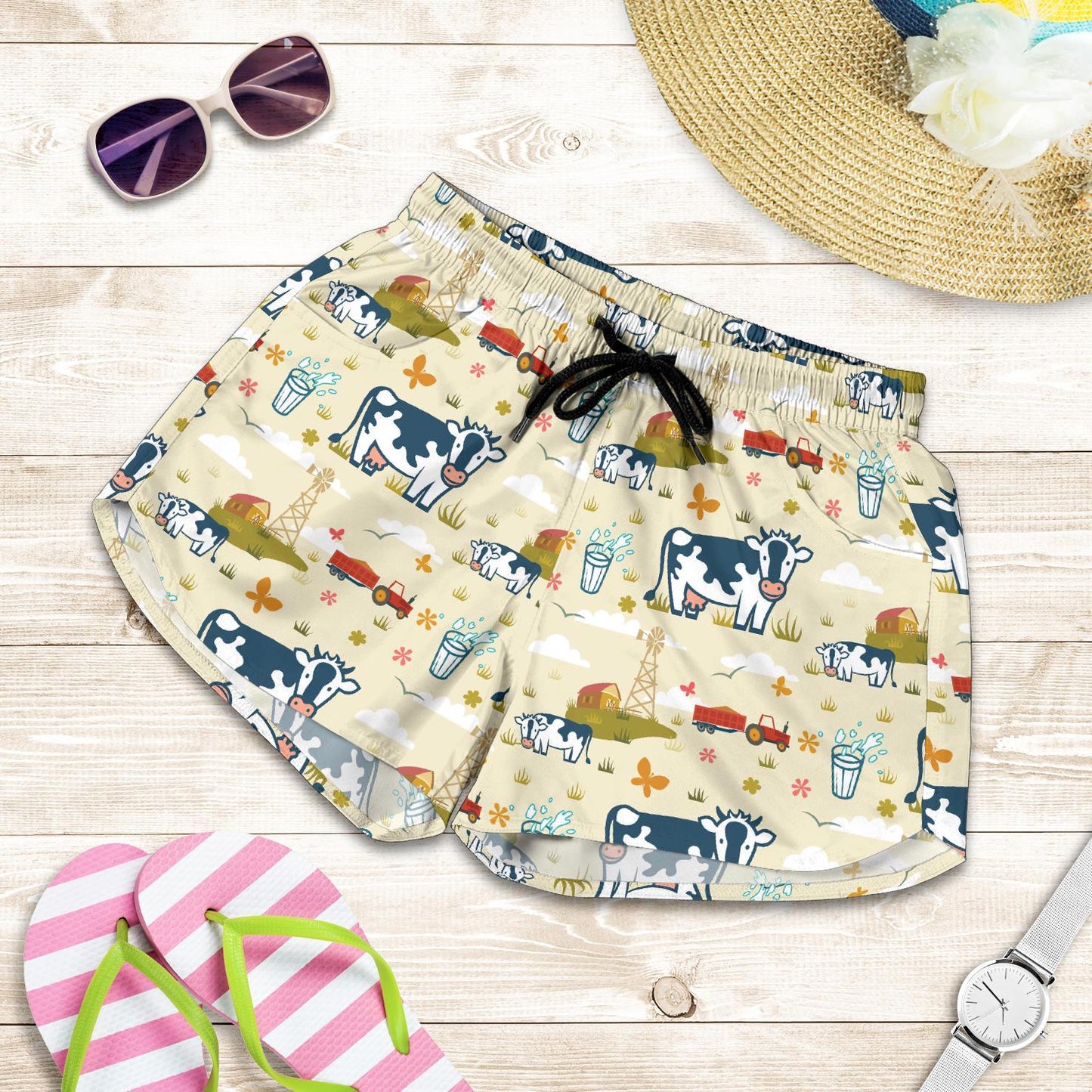 Cow Farm Design Print Women Shorts-JTAMIGO.COM
