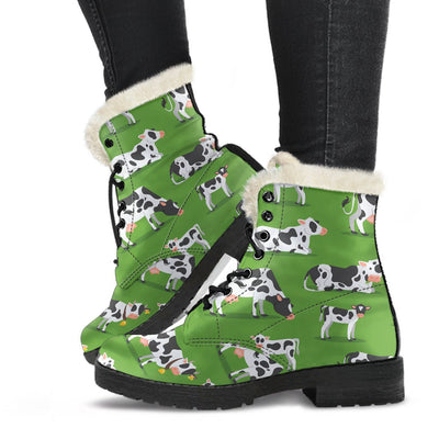 Cow Happy Print Pattern Faux Fur Leather Boots-JTAMIGO.COM