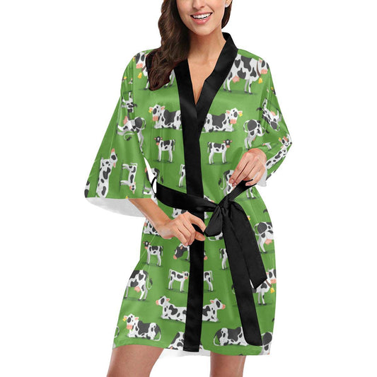 Cow Happy Print Pattern Women Short Kimono Robe