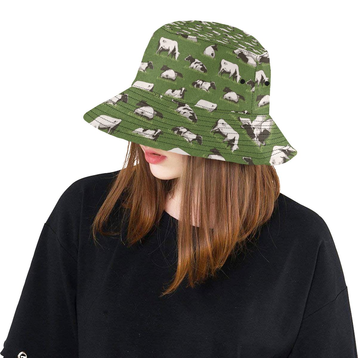 Cow on Grass Print Pattern Unisex Bucket Hat