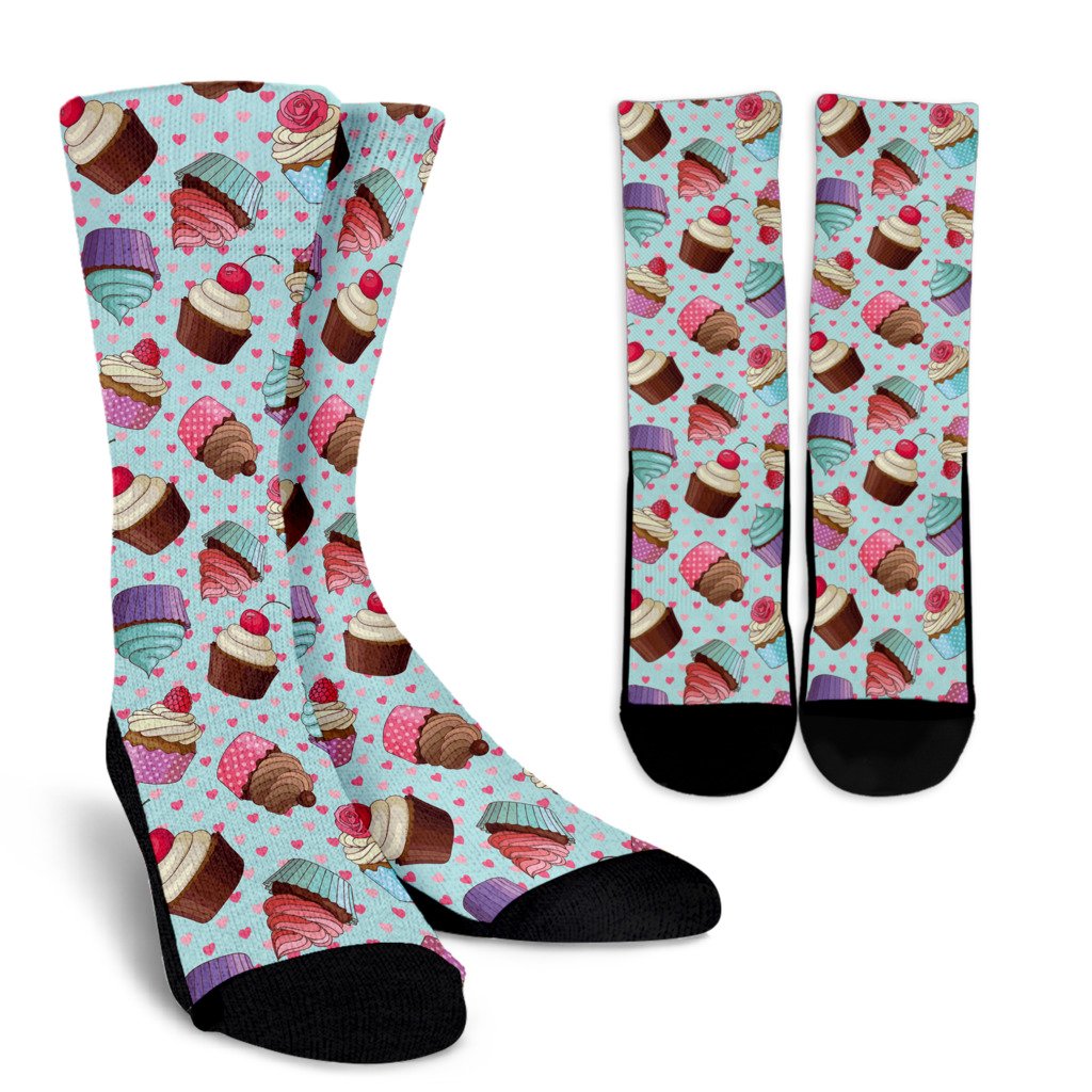 Cupcakes Fancy Heart Print Pattern Crew Socks