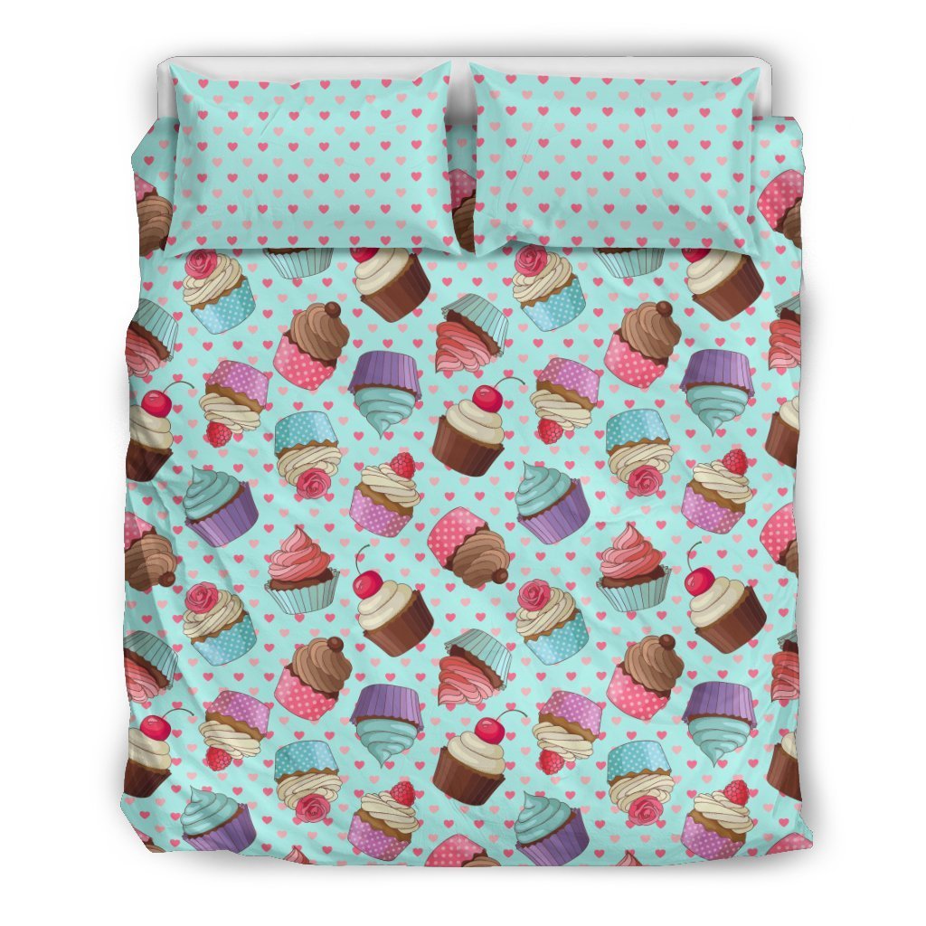 Cupcakes Fancy Heart Print Pattern Duvet Cover Bedding Set
