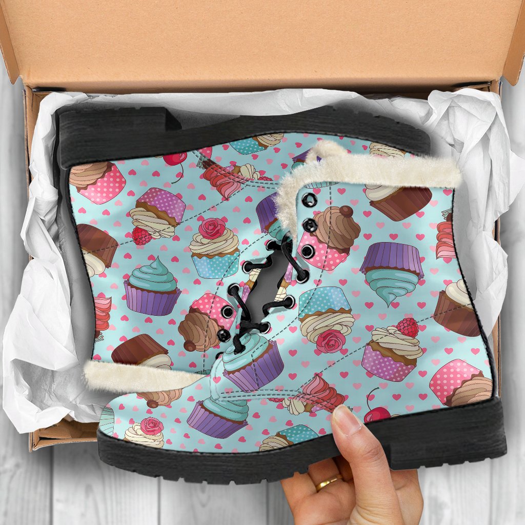 Cupcakes Fancy Heart Print Pattern Faux Fur Leather Boots-JTAMIGO.COM