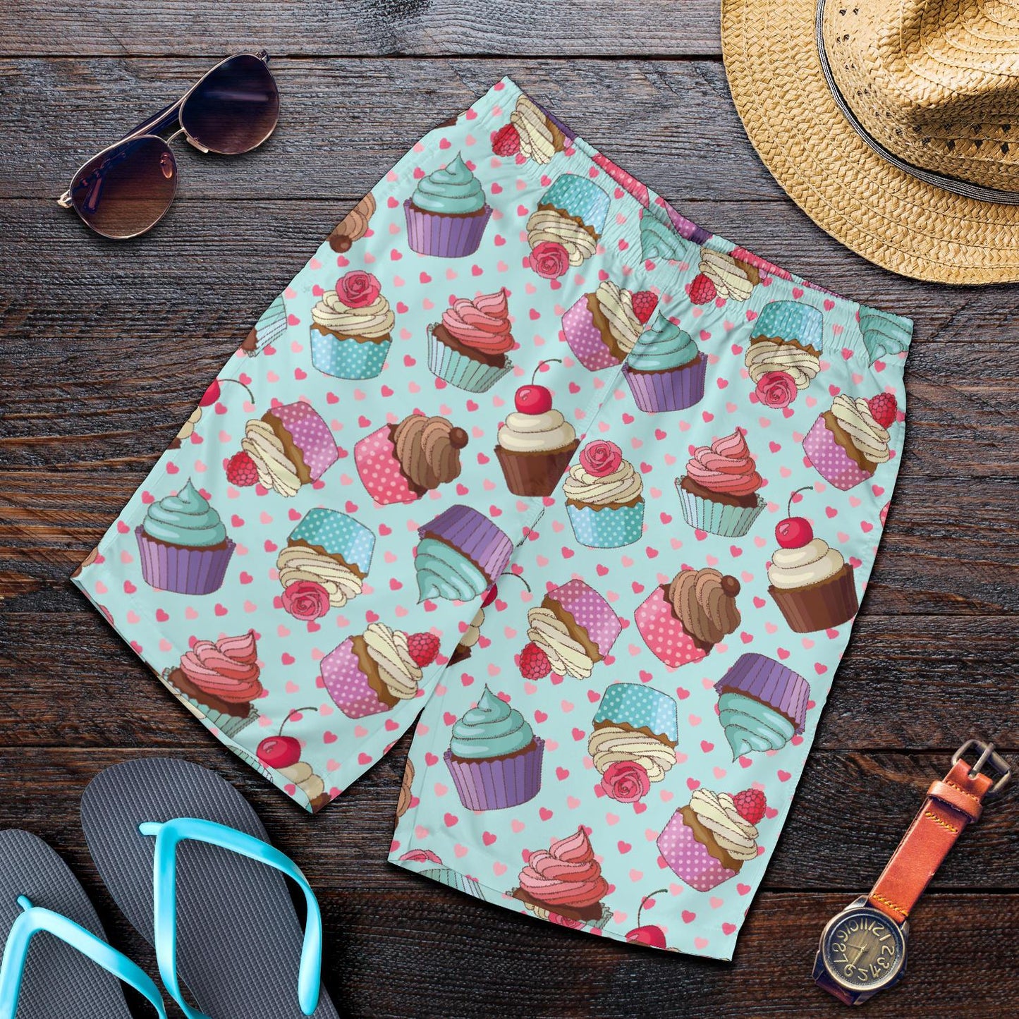 Cupcakes Fancy Heart Print Pattern Mens Shorts-JTAMIGO.COM