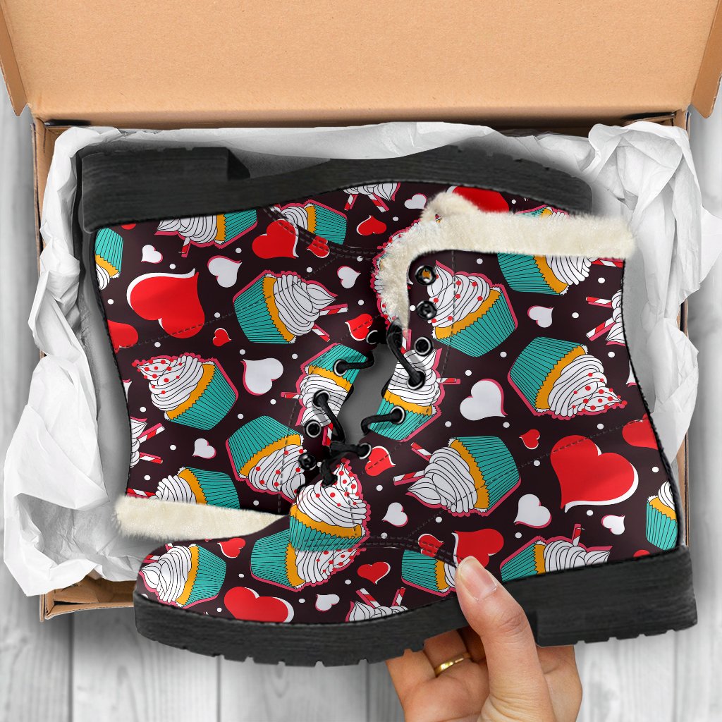 Cupcakes Heart Print Pattern Faux Fur Leather Boots-JTAMIGO.COM