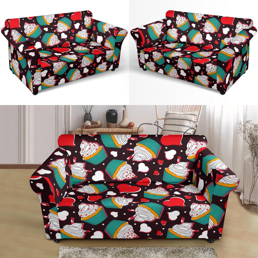 Cupcakes Heart Print Pattern Loveseat Slipcover-JTAMIGO.COM