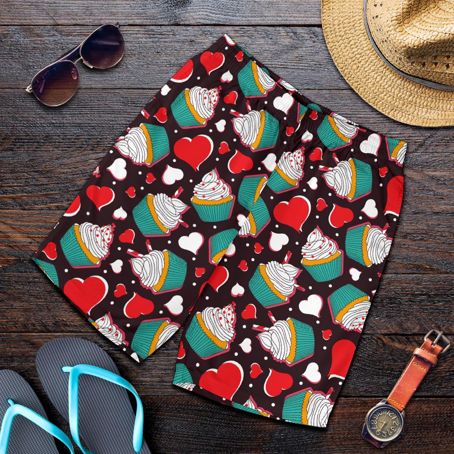 Cupcakes Heart Print Pattern Mens Shorts-JTAMIGO.COM