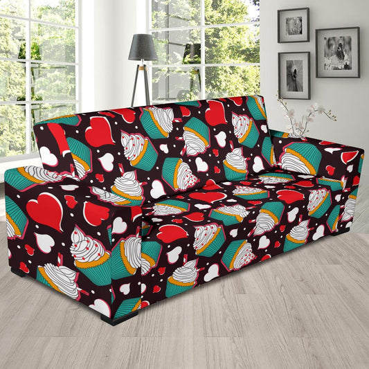 Cupcakes Heart Print Pattern Sofa Slipcover-JTAMIGO.COM