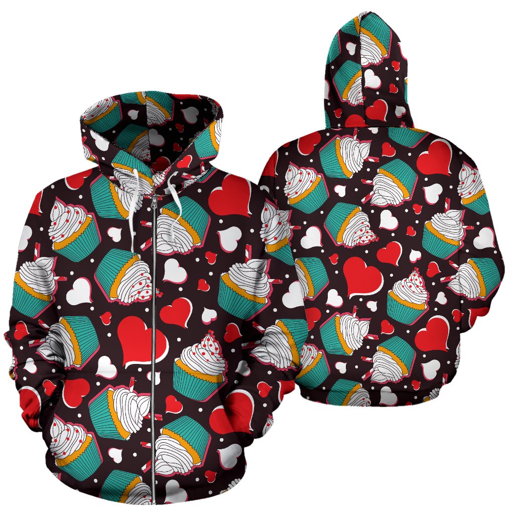 Cupcakes Heart Print Pattern Zip Up Hoodie