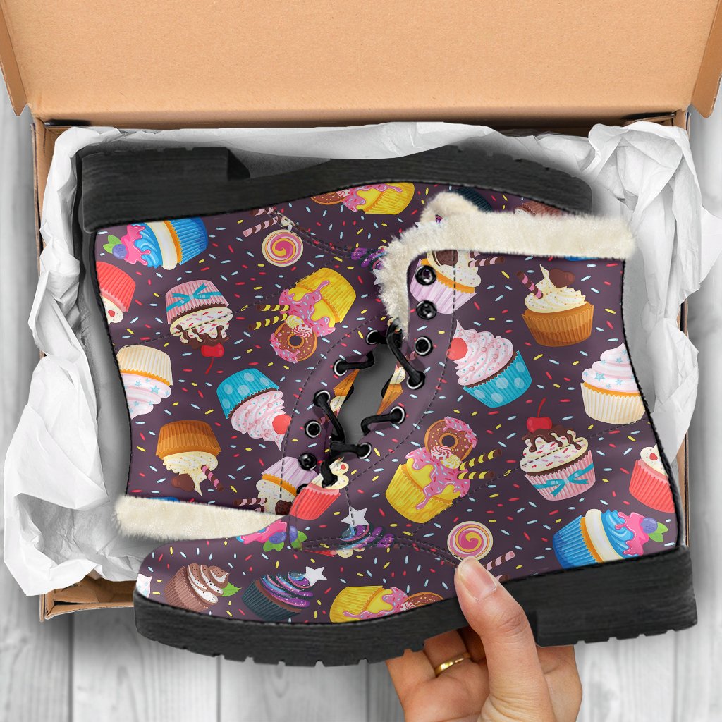 Cupcakes Party Print Pattern Faux Fur Leather Boots-JTAMIGO.COM