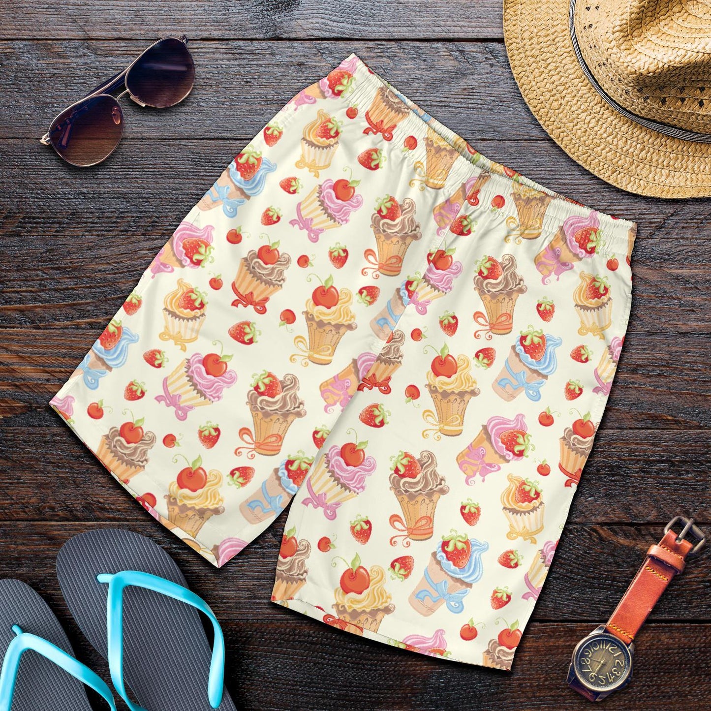 Cupcakes Strawberry Cherry Print Mens Shorts-JTAMIGO.COM