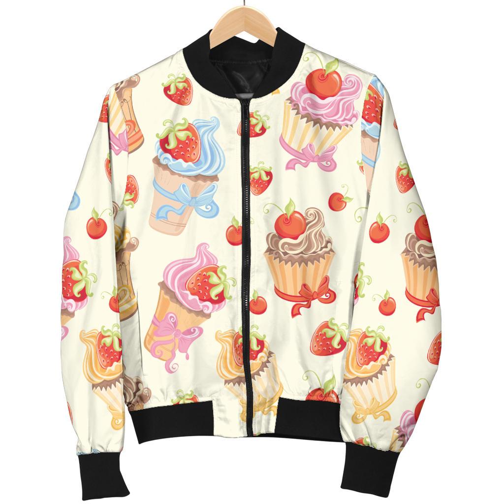 Pattern Print Dessert Cupcake Women Casual Bomber Jacket