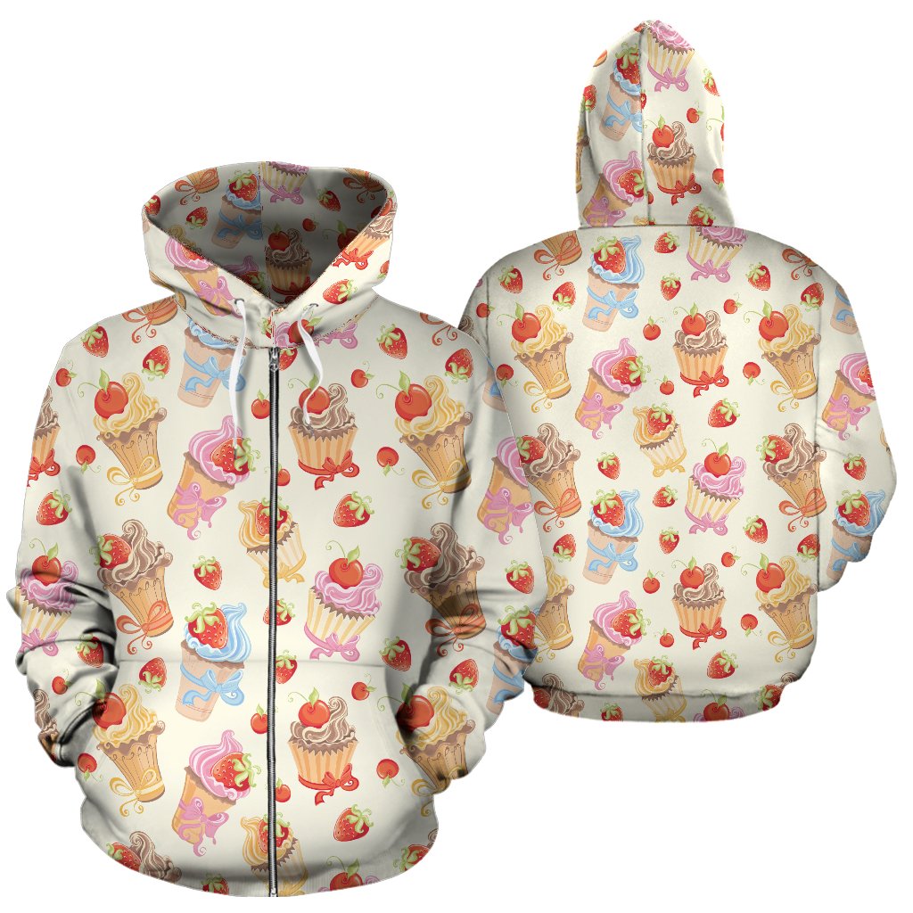 Cupcakes Strawberry Cherry Print Zip Up Hoodie