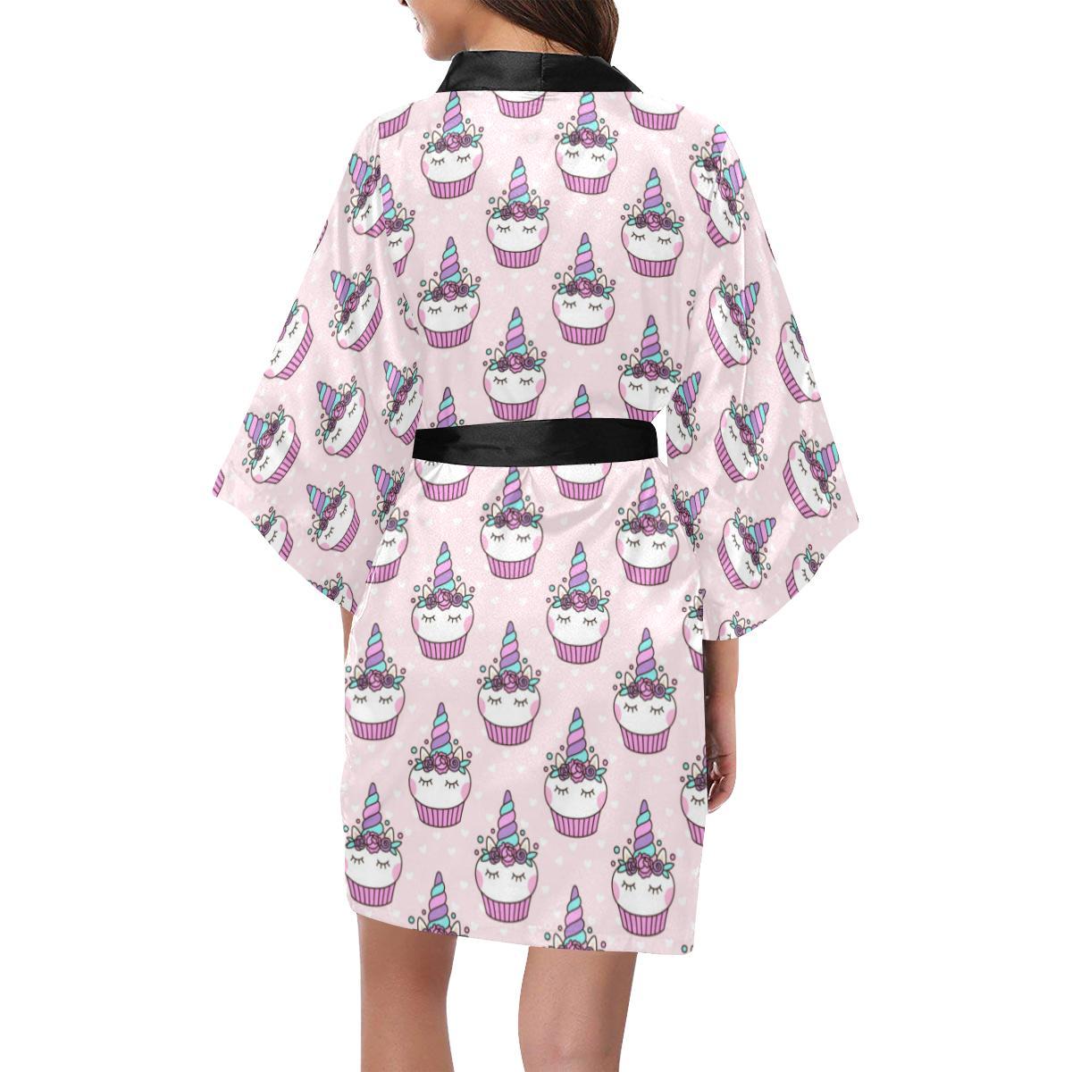 Cupcakes Unicorn Print Pattern Women Short Kimono Robe