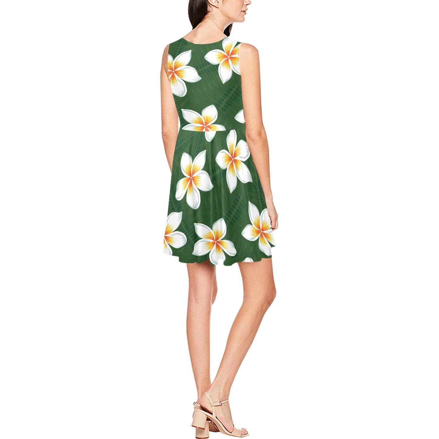 White Plumeria Pattern Print Design PM020 Sleeveless Dress