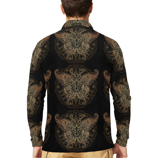 Gold Butterfly Ornamental Long Sleeve Polo Shirt For Men's