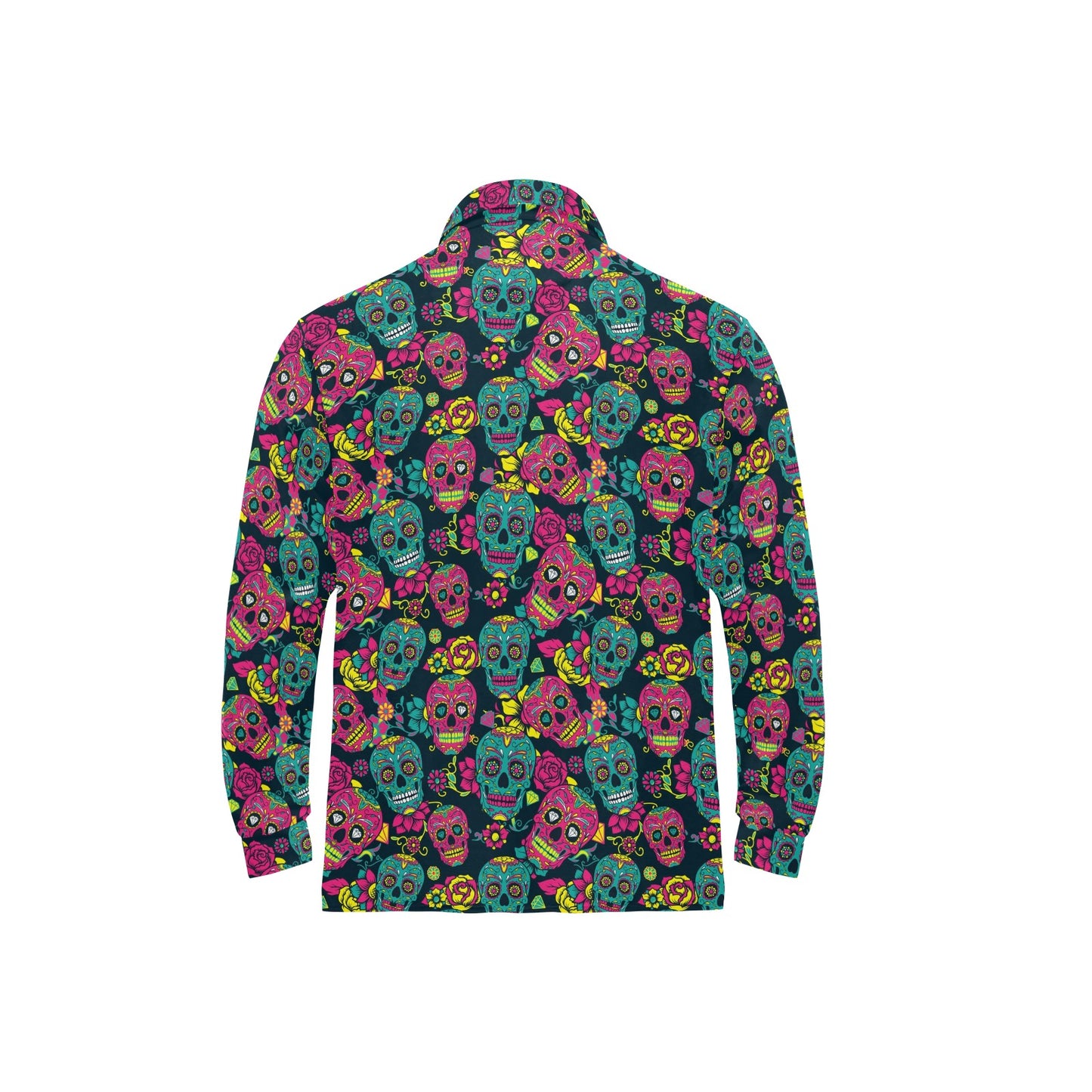 Sugar Skull Floral Design Themed Print Long Sleeve Polo Shirt For Men's