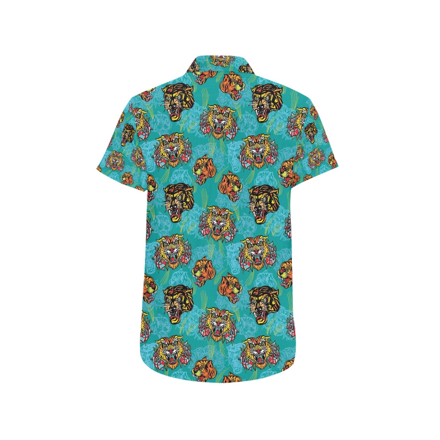 Tattoo Tiger Head Print Design LKS304 Men Short Sleeve Button Up Shirt