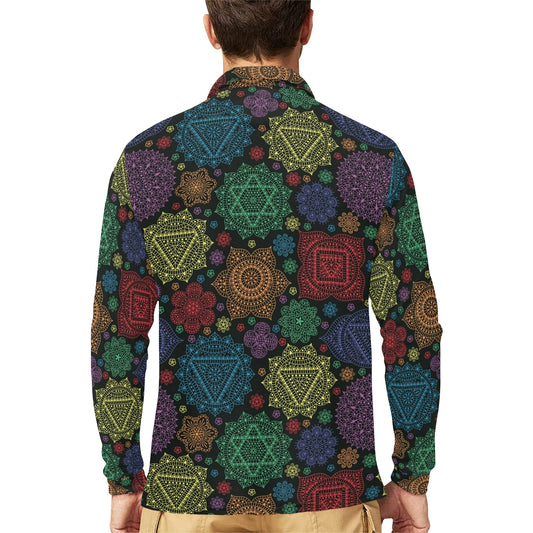 Chakra Mandala Print Pattern Long Sleeve Polo Shirt For Men's
